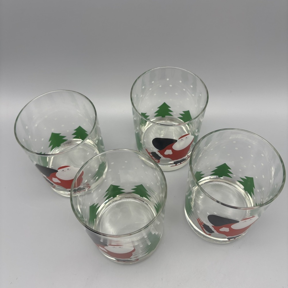 Vintage Set of 4 Crate and Barrel Ice Skating Santa Double Old Fashioned Glasses - Picture 5 of 7